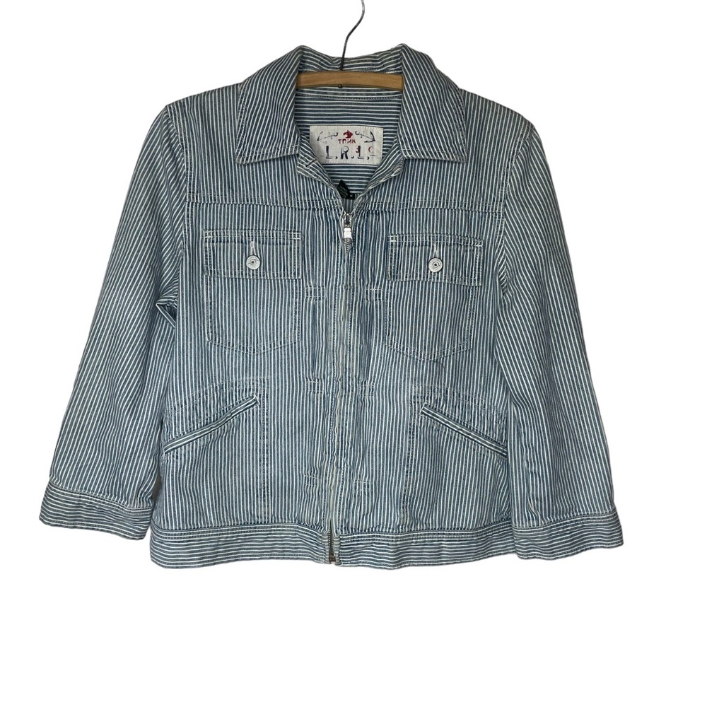 LRL denim stripe jacket zip up size medium Lauren Ralph Lauren railroad stripe